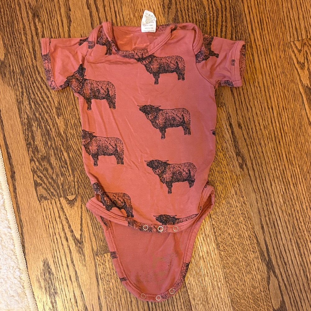 Red/Brown Kate Quinn Baby Onesie with Bull Print
